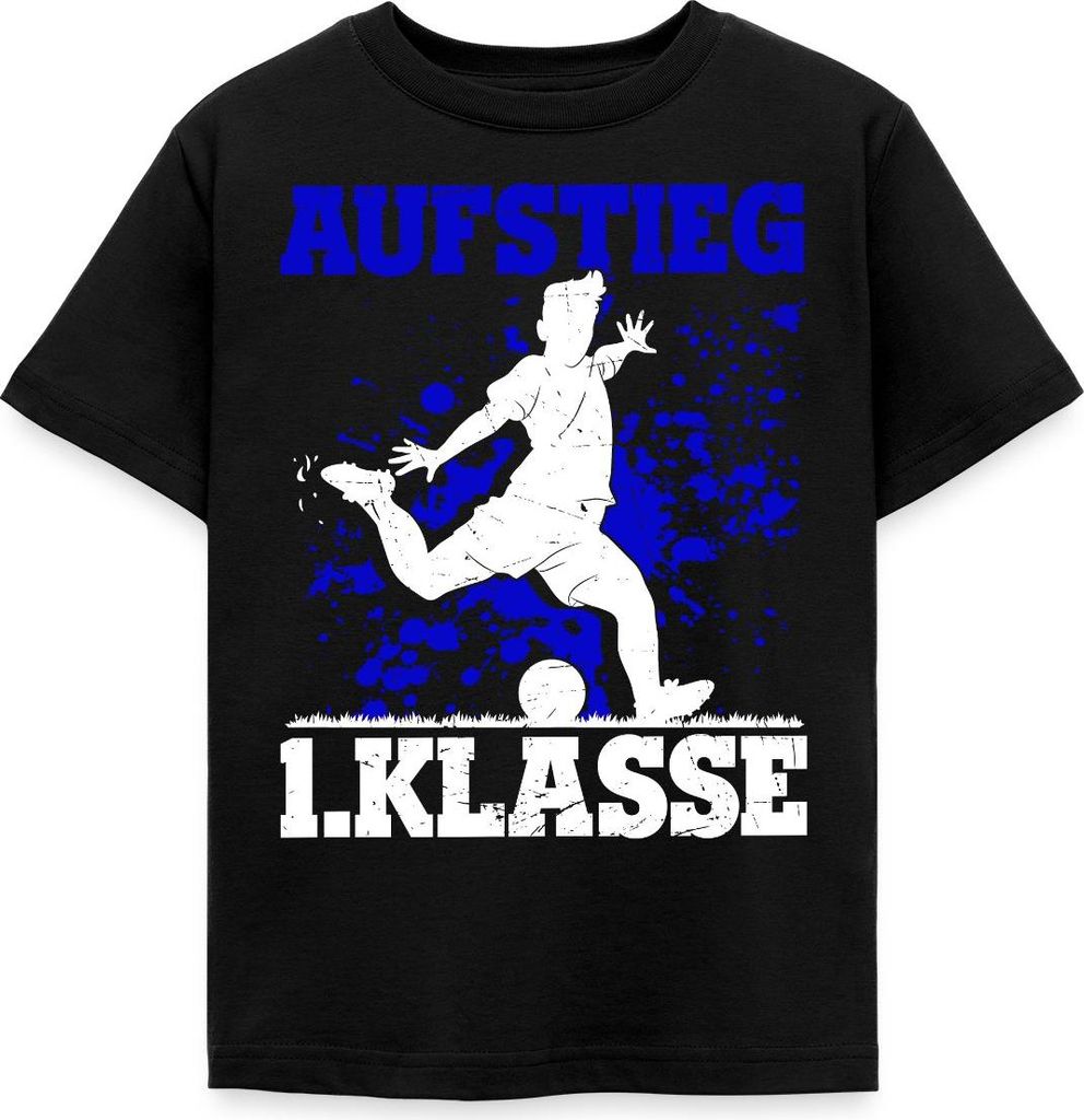Spreadshirt Aufstieg 1. Klasse Schulanfang Fußball Blau Kinder T-Shirt, 98/104 (3-4 Jahre), Schwarz