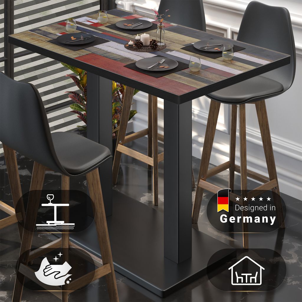 BM | Bistro Stehtisch | 130 x 80 x 108 cm | Rechteckig | Schwarzer Rand | Vintage Bunt / Schwarz | Gastro Steh Tisch Restaurant