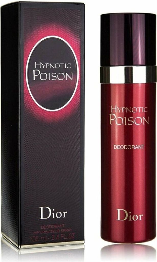A product shot of a Dior Hypnotic Poison deodorant spray and its packaging.