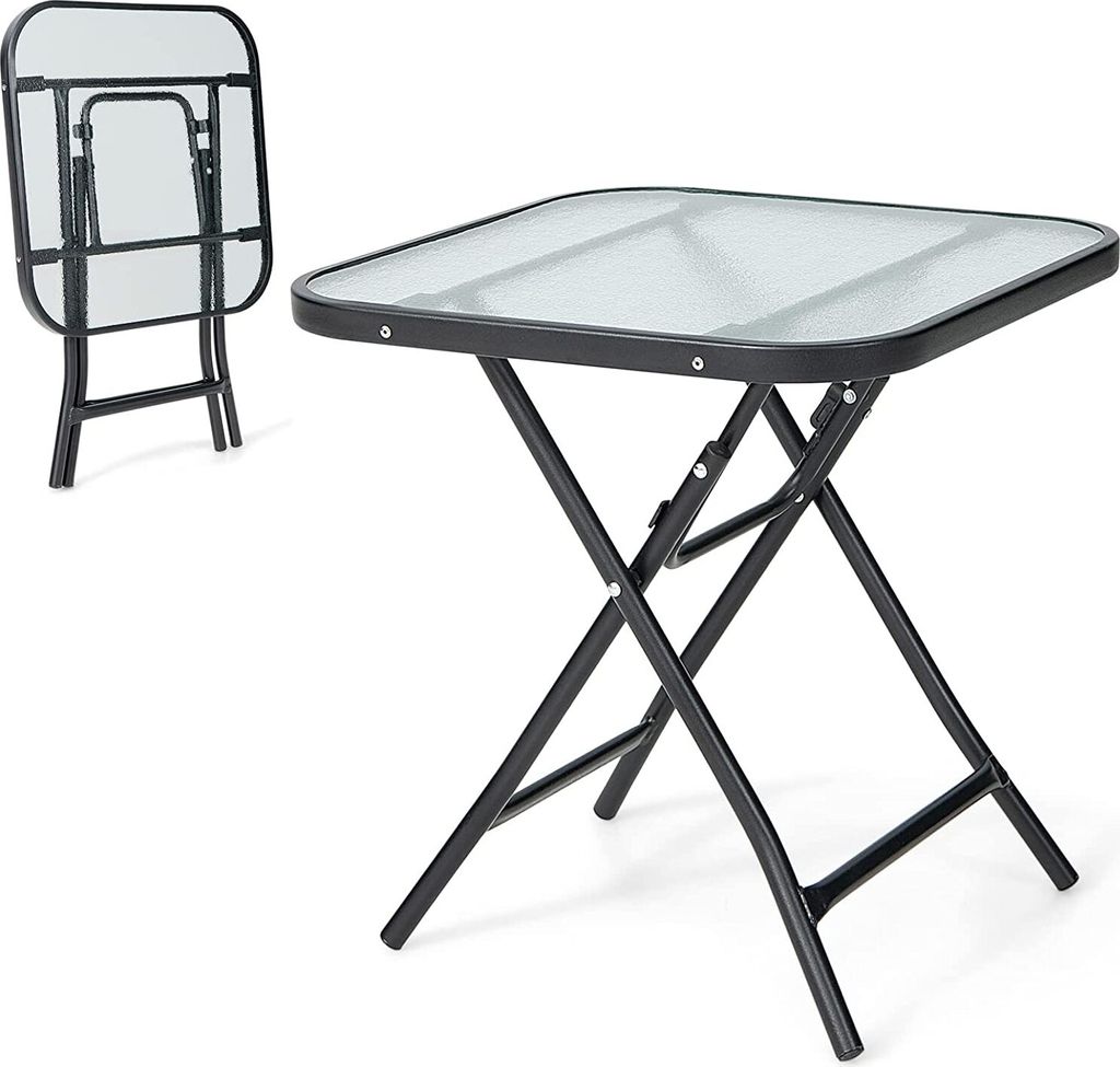 GOPLUS Terraßen-Beistelltisch Glas, Kleiner Beistelltisch mit Metallrahmen, Bistrotisch für Terraße, Balkon, Garten (46,5 x 46,5 x 42 cm)