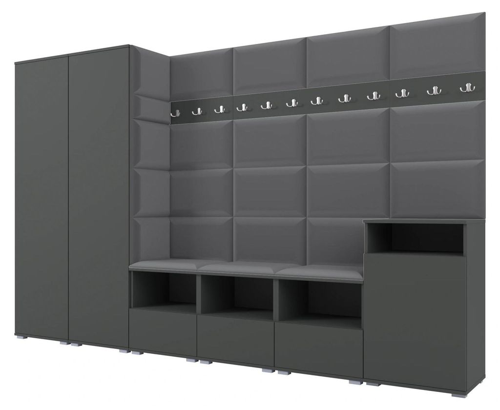 Garderobe NELA XII 300 cm Modulare Flurmöbel Graphit mit Sitzpolster Dunkelgrau 15 (Gigantisches Set)
