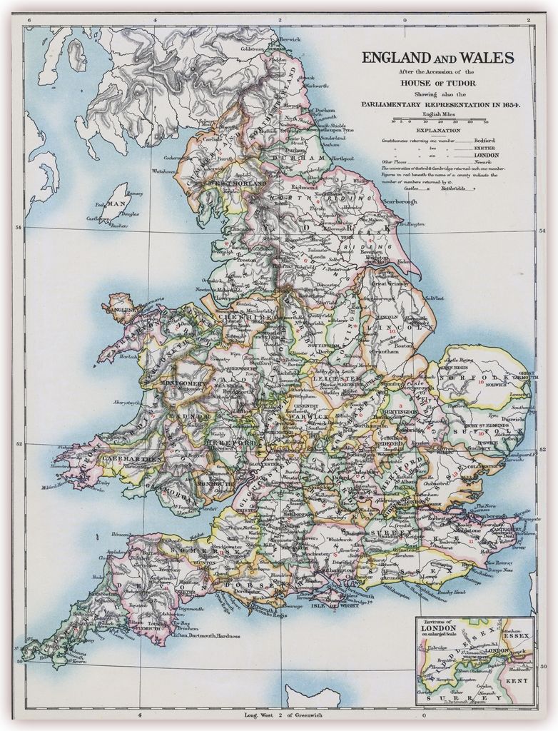XXL Poster 100 x 70 cm (K-710) alte Landkarte England und Wales um 1654 nach englischer Thronbesteigung des Geschlechtes House of Tudor