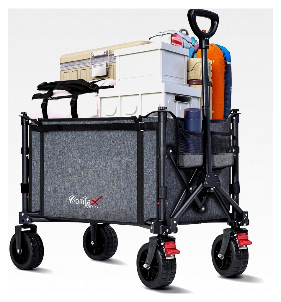 Faltbarer Bollerwagen mit großen All-Terrain-Rädern, 120L, 100KG, klappbar mit Bremsen, für Strand, Garten, Camping und Einkäufe, Grau
