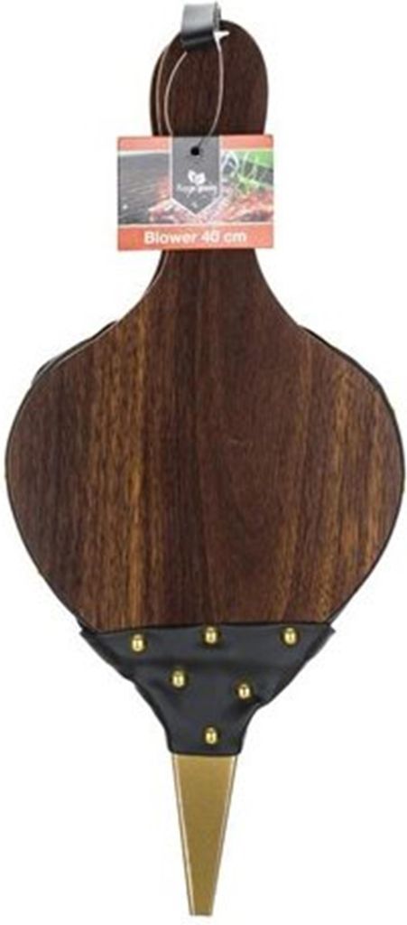 A wooden bellows with a black leather bellows and a gold nozzle, presented on a white background.