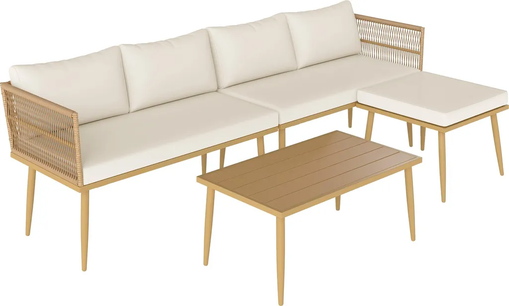 Mobilier de jardin 5 places résine tressée crème, coussins déperlants