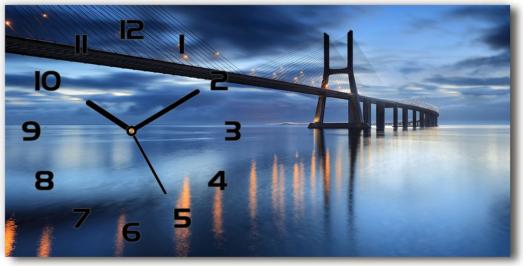 Wanduhr aus Glas – 60x30 cm - Glasbild - Glasuhr - Gehärtetes Glas - schwarze-zeiger - beleuchtete Brücke