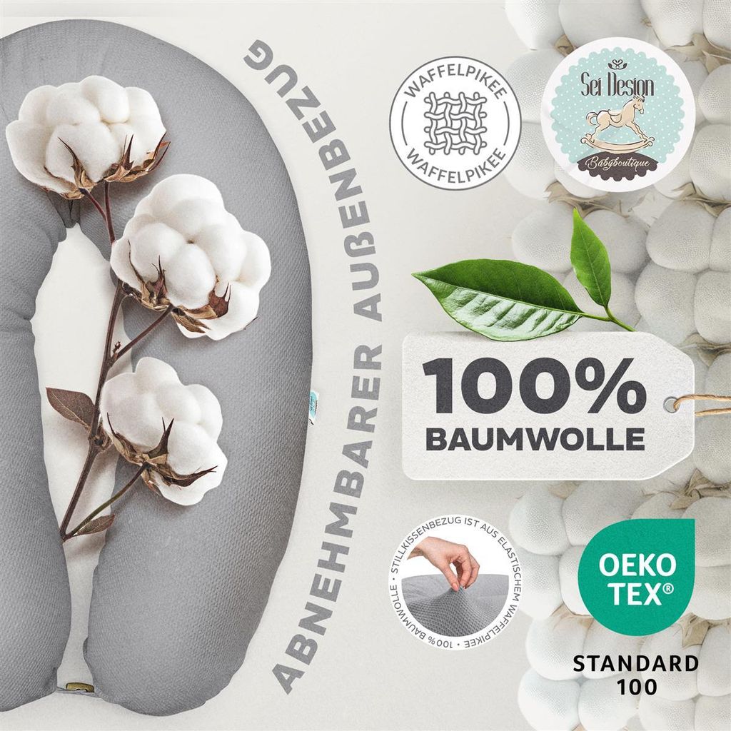 sei Design Stillkissen XXL Seitenschläferkissen 190x30 Schwangerschaftskissen Mikroperlen-Füllung Bezug Waffeljersey grau
