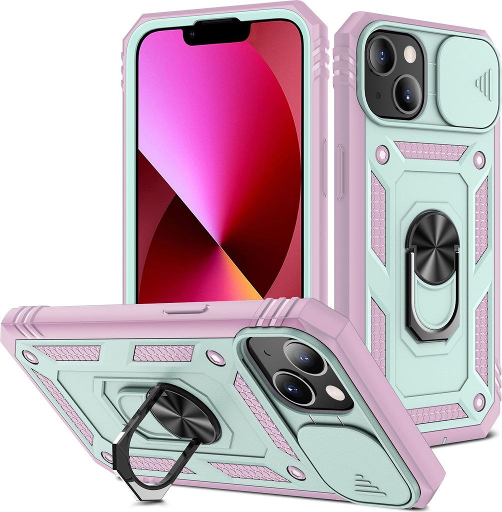 iPhone 14 Plus Hülle, Schiebe Kamera Schutz Robust Rüstung Stoßfest Schutzhülle mit Ringhalterung Ständer Kartenhalter für iPhone 14 Plus Pin...