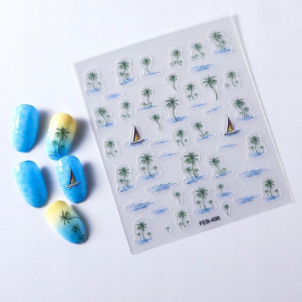 3D Nagelsticker selbstklebend konvexe Muster Palmen Segelboot Wasser