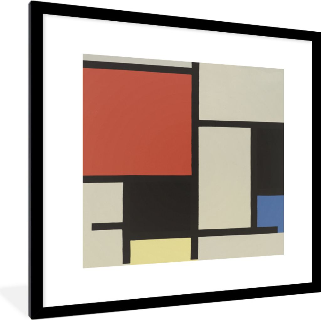 MuchoWow MuchoWow Gerahmtes Poster Komposition mit rotem Quadrat, schwarz, blau - Piet Mondrian 40x40 cm - Poster mit zchwarzem Bilderrahmen - ...