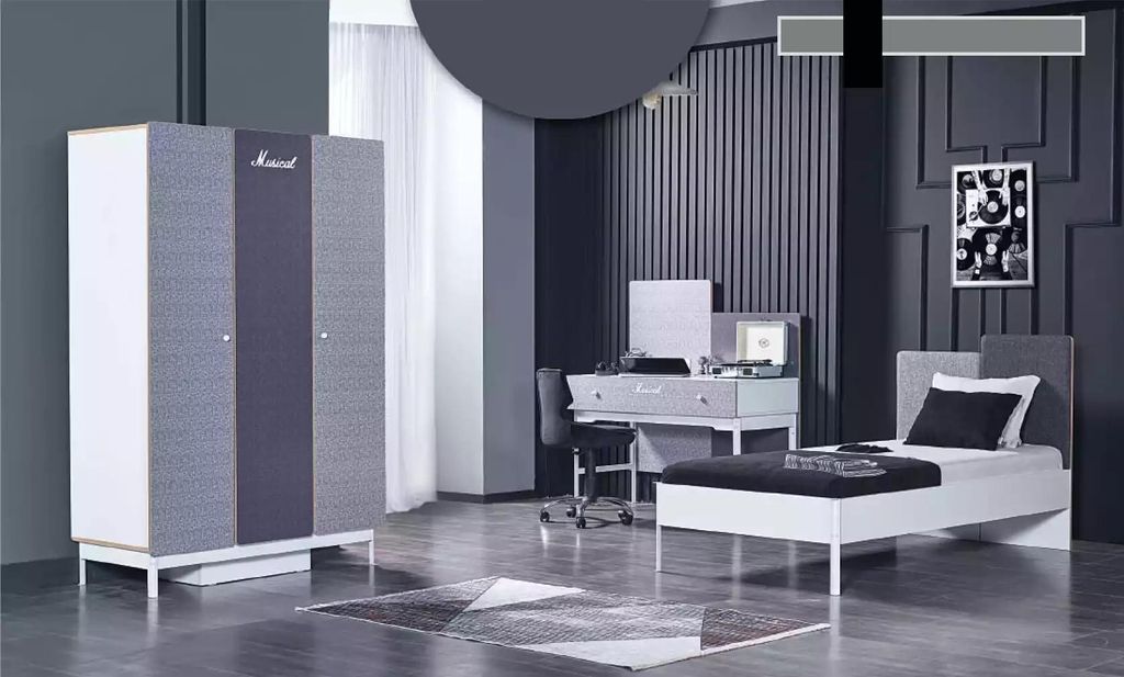 Kinderzimmer Schlafzimmer Bett Jugendzimmer Grau Tisch Schrank Holz Möbel 3tlg.