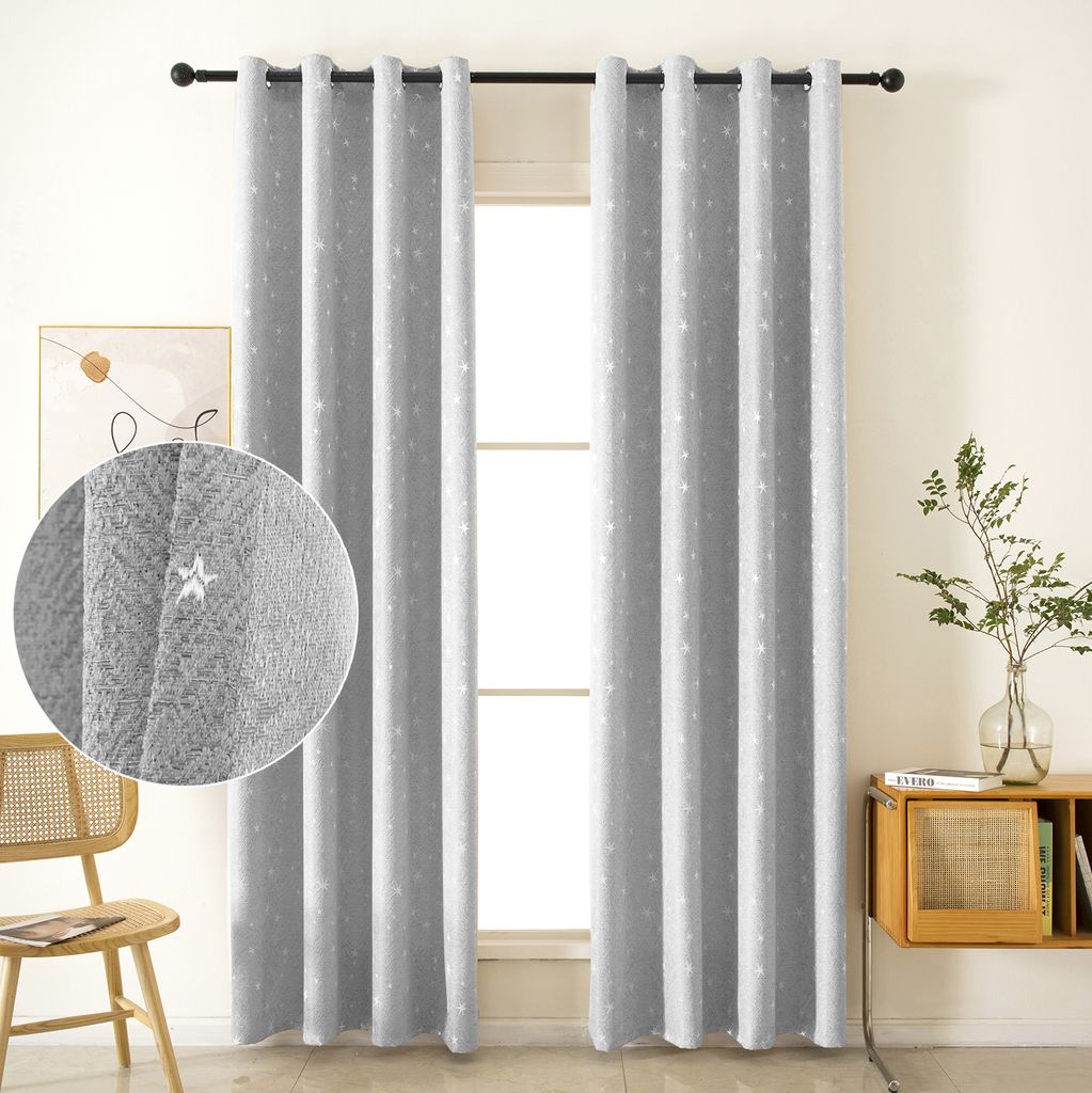 2 Stück Vorhänge Leinenoptik Blickdicht Stern mit Ösen Gardinen Dekoschal für Wohnzimmer Schlafzimmer Kinderzimmer, B132xH213cm, Grau