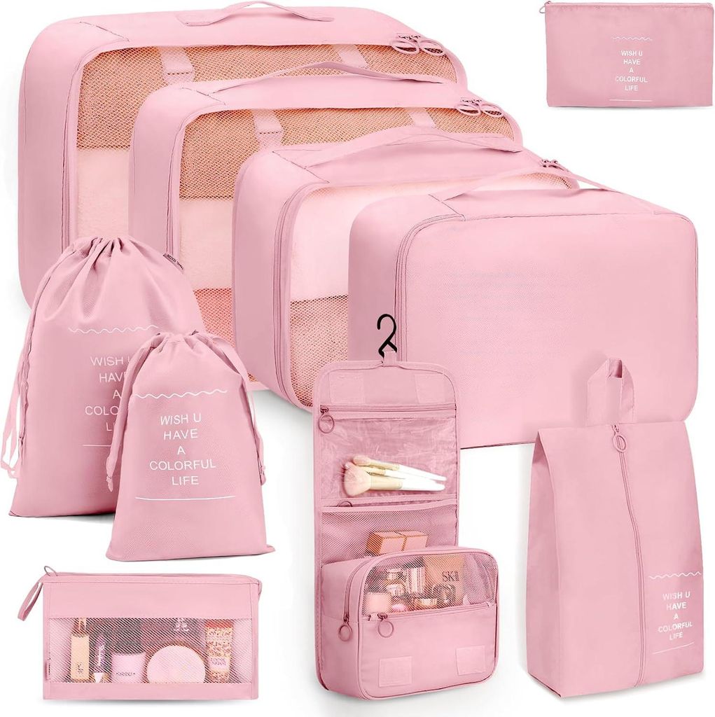 Koffer Organizer 10-teilig, Packing Cubes, leichte Reisegepäck-Organizer, wasserdicht, platzsparend, Packwürfel für Koffer, Travel Organizer, Rosa
