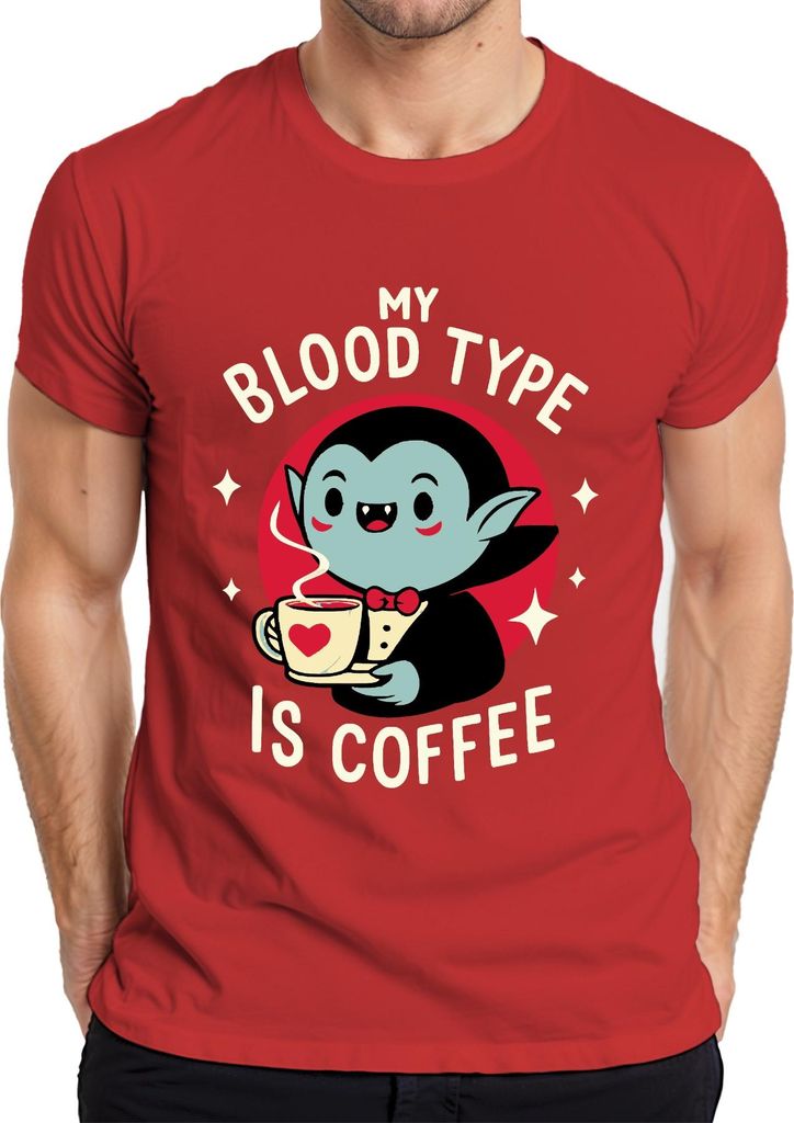 Mein Bluttyp ist definitiv Kaffee Vampir niedlich Retro Halloween Herren T-Shirt, Rot, XXL