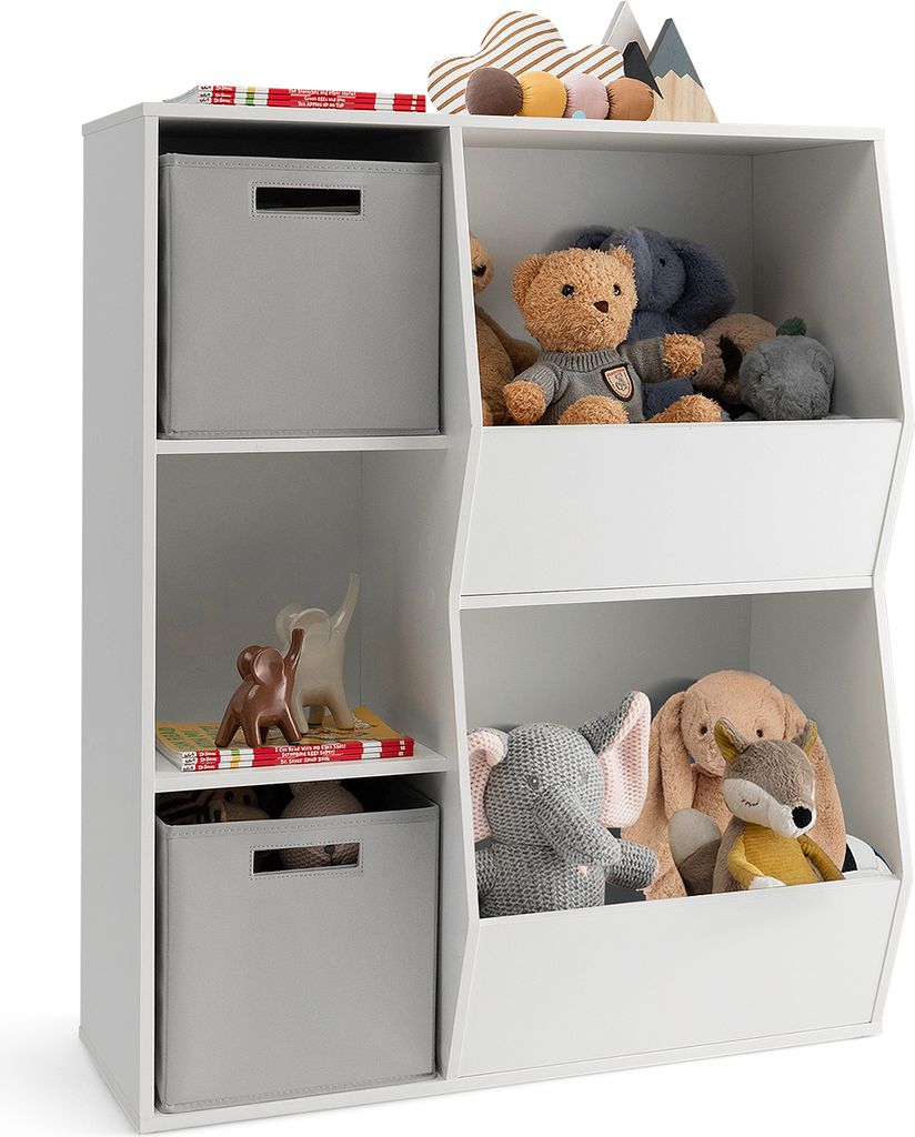 COSTWAY Kindgerechter Spielzeugschrank, Bücherregal mit 5 Fächern & 2 Stoffbehältern, Aufbewahrungsschrank mit offenen Ablagen