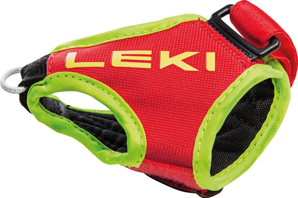 A close-up studio shot of a red and green Leki Trigger Shark Frame Strap.