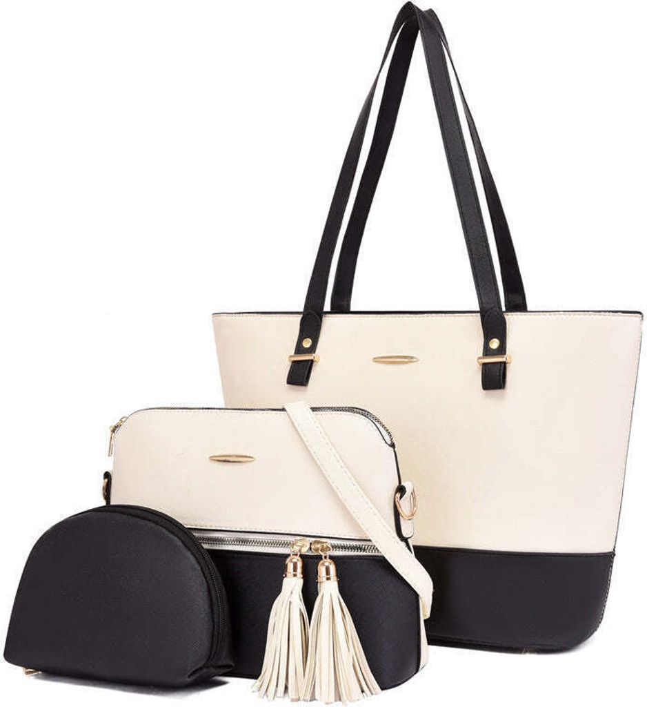 3-teiliges Set Damen Schultertasche Handtasche Kosmetiktasche – Schwarz-Beige
