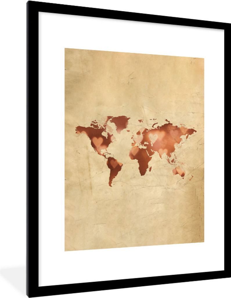 MuchoWow® Gerahmtes Poster Weltkarte - Herz - Braun 60x80 Produktbild 