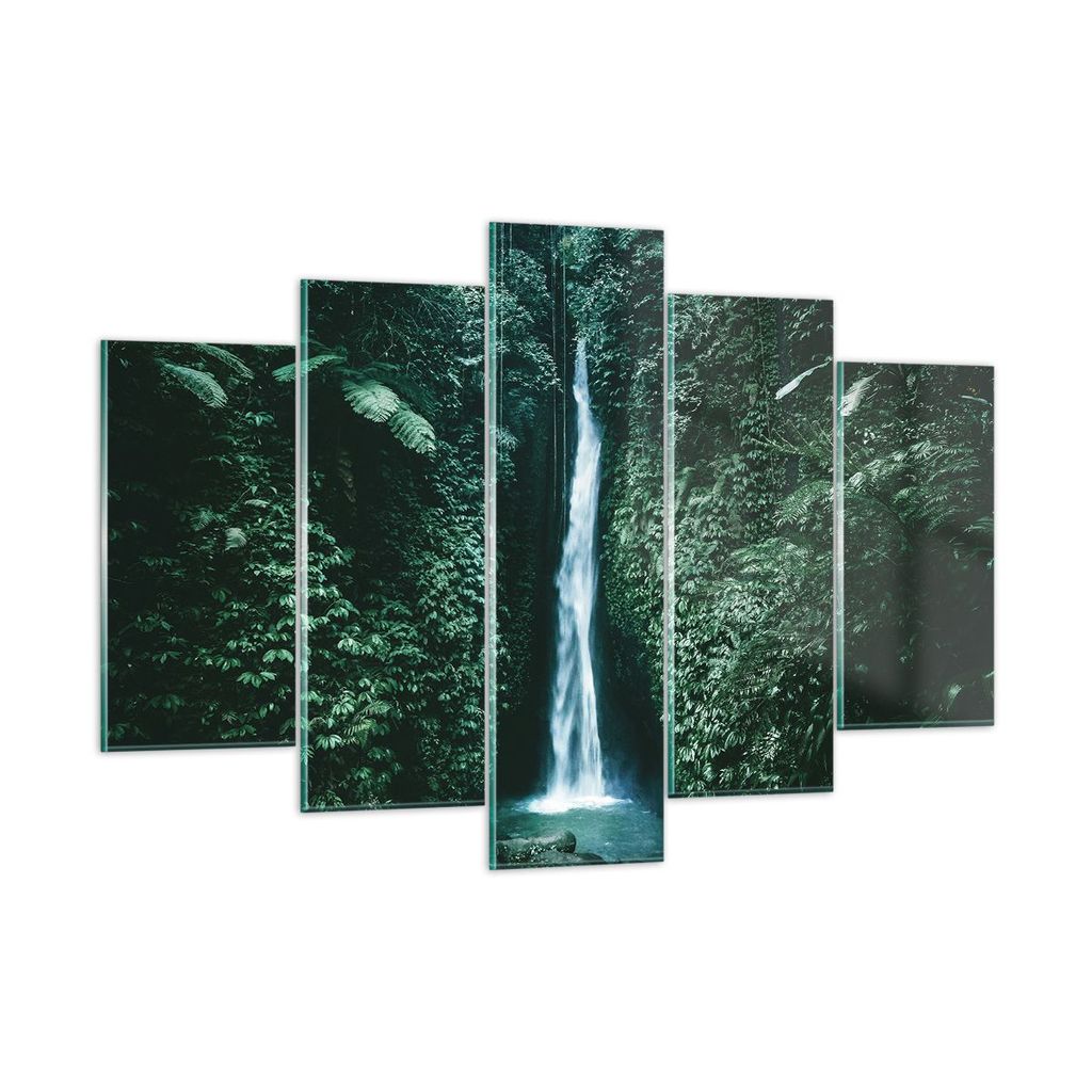 Bilder auf glas - 5 Teile - Tropen Wasserfall Dschungel - 150x100cm - Glasbilder - Wandbilder - Bilder - Wanddekoration aus Glas - Glas Bilder - Wa...