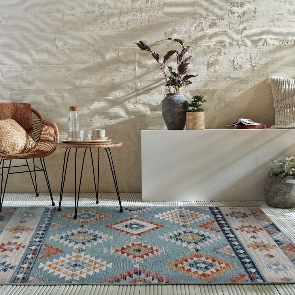 Outdoor Teppich Boho Orientalisch, Terrasse schmutzabweisend Blau Rechteckig 200x290 | 100% Polypropylen, Rücken aus 100% Polypropylen