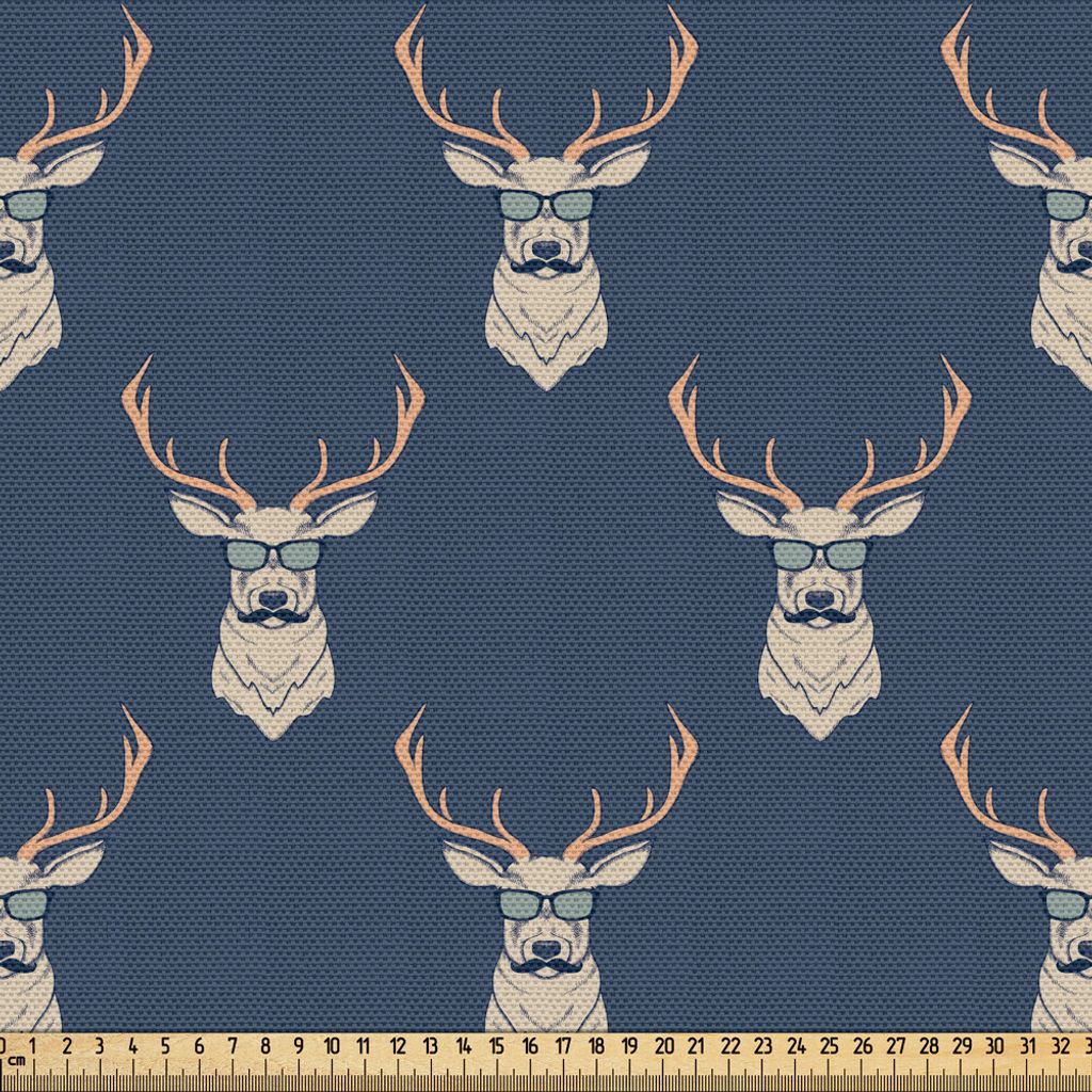 ABAKUHAUS Hirsch Gewebe als Meterware, Hipster Inspiriert Rentier Mit Der Sonnenbrille Schnurrbärte Lustige Tiermuster, 5 M (148 x 500 cm), Blaugr...