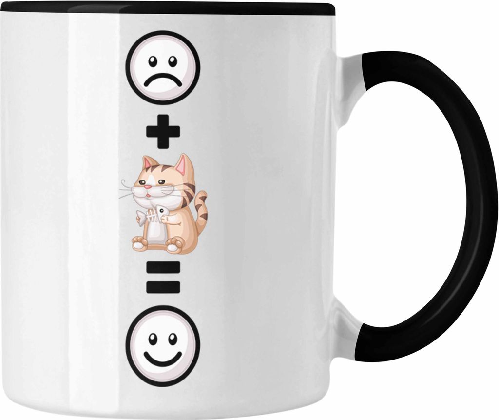 Trendation - Katze Tasse Geschenkidee für Katzenmama Katzenbesitzerin Geburtstag Lustiges Geschenk :( + Katze = :) (Schwarz)
