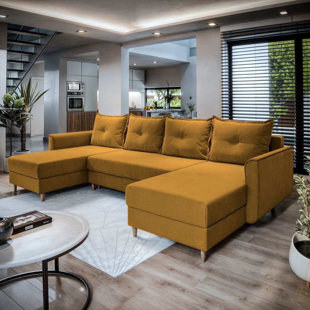 Masseno Ecksofa VERNI mit Schlaffunktion U-Form, Sofa mit Bettkasten, Wohnzimmersofa, Couch, Soffa, Bettsofa, Couchgarnitur- Gelb, KRONOS 01
