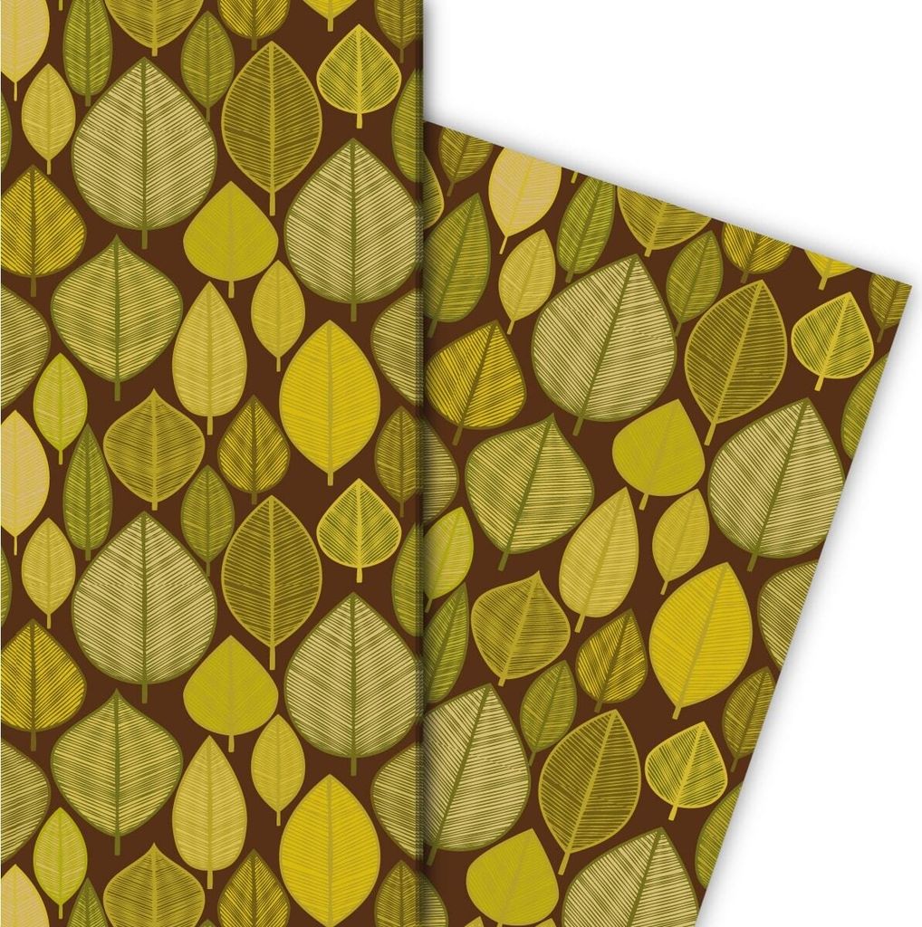 Schickes 70er Jahre Geschenkpapier mit Blättern, braun - G8094, 32 x 48cm