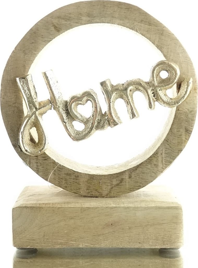GASPER Mahola Schriftzug HOME Goldfarben im Holzring auf Holzsockel natur 14,5 cm