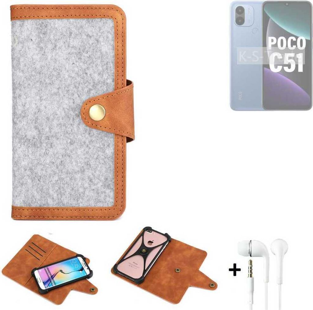 K-S-Trade Handyhülle + Kopfhörer kompatibel mit POCO C51 Schutzhülle Filz Hülle Kunstleder hellgrau braun (1x)