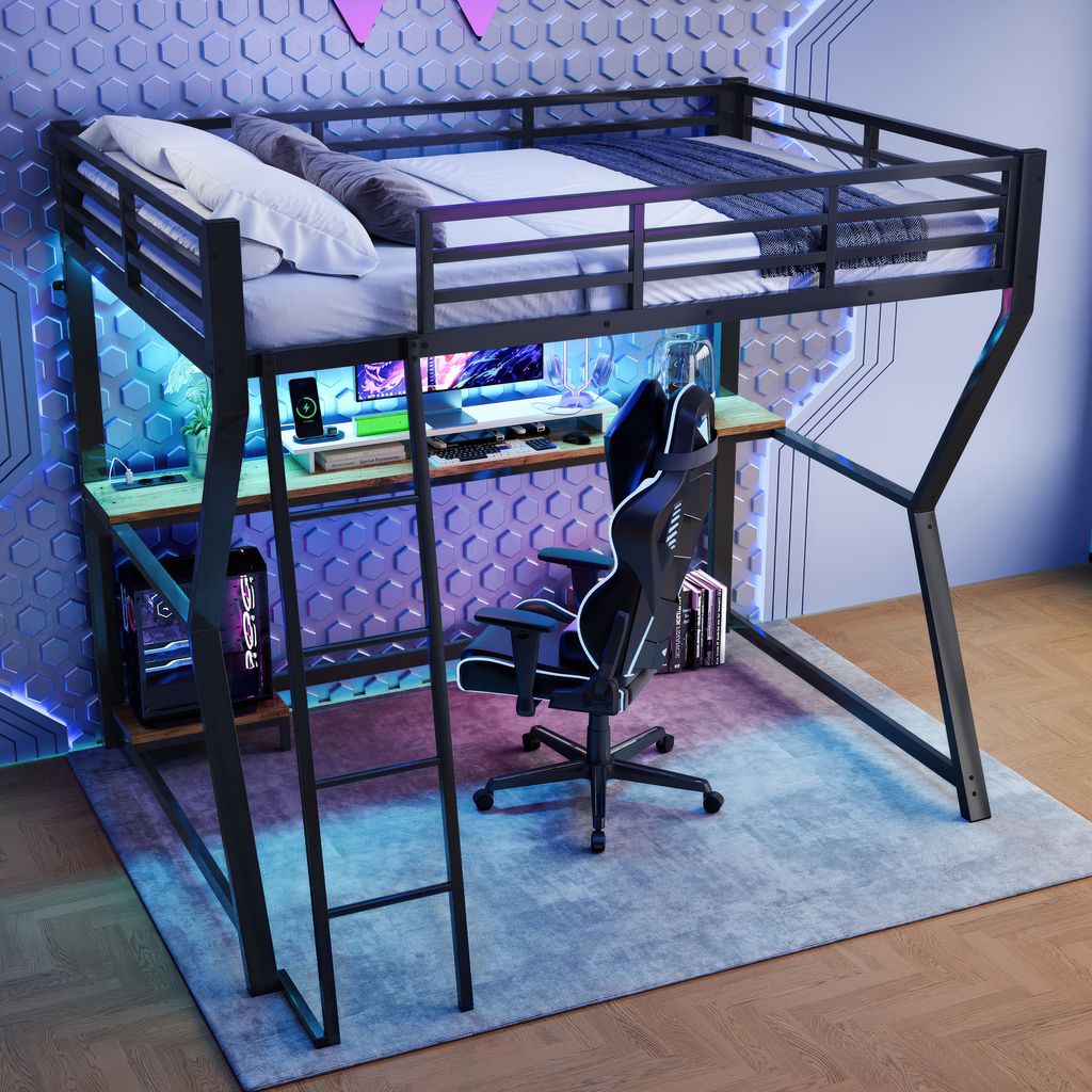 okwish Hochbett,Jugendbett Kinderbett Metallbett 90x200 Ambientelicht, Computerkonsolenablage, Schreibtisch, Steckdose+USB, ohne Matratze, Schwarz