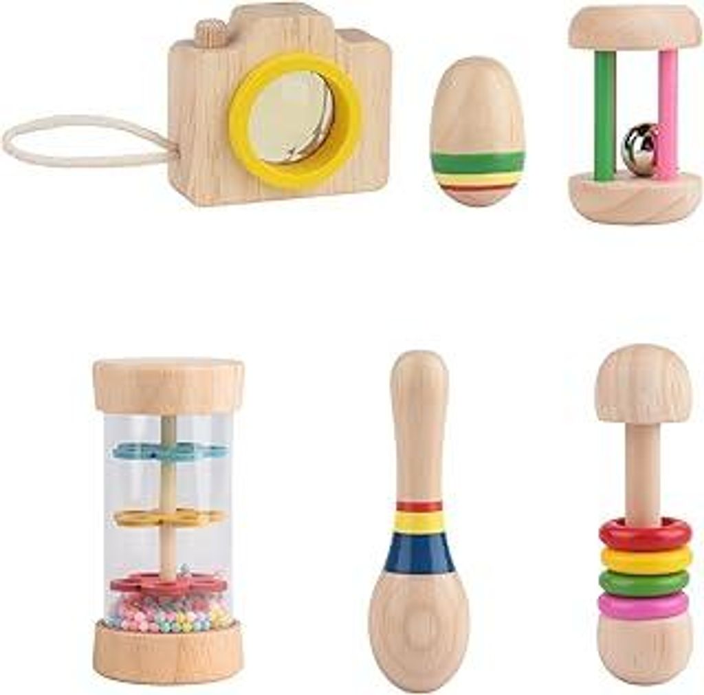 6pcs Holzspielzeug Rassel - Farbenfrohes Musikspielzeug, Baby Sensorik Spielzeug, Montessori Baby Rassel, Regenmacher für Kinder, Farbiges, Bissfe...