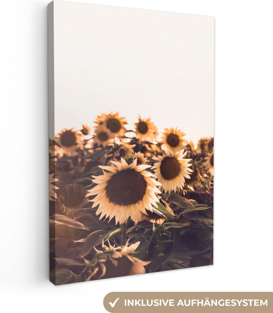 OneMillionCanvasses - Leinwandbilder - 90x140 cm, Sonnenblumen - Feld - Sonnenuntergang - Blumen - Gelb, Wandbilder Kunstdruck Wanddekoration - F...