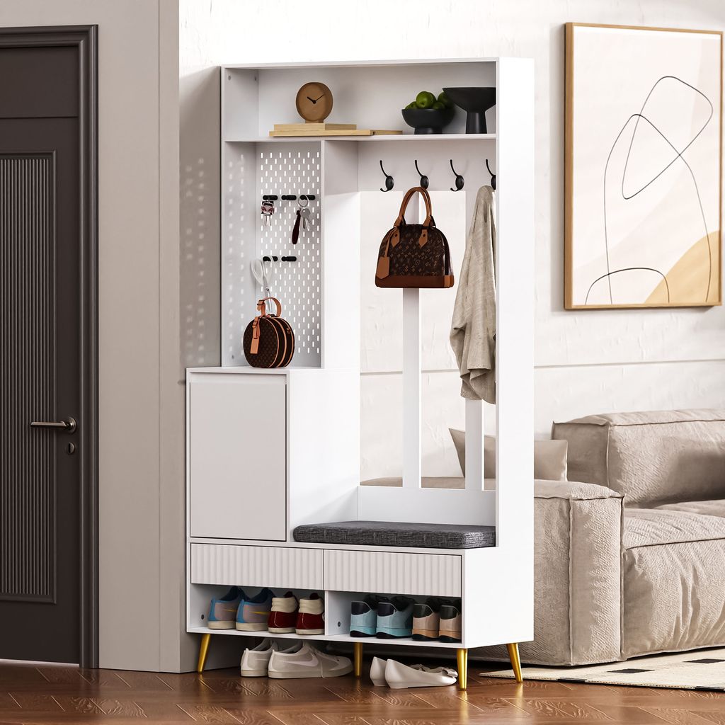 Flieks Garderobensets Eckgarderobenschrank mit Sitzbank und Schuhregal, 100x35x180 cm, multifunktionaler Schrank mit 4 Haken, weiß