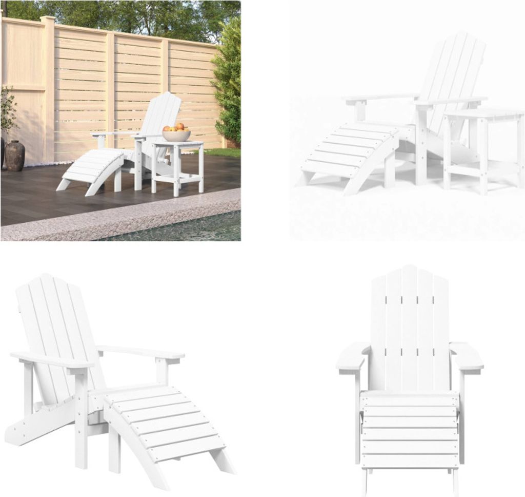 vidaXL Adirondack Gartenstuhl mit Hocker & Tisch HDPE Weiß - Gartenstuhl - Gartenstühle - Outdoor Stuhl - Gartensessel