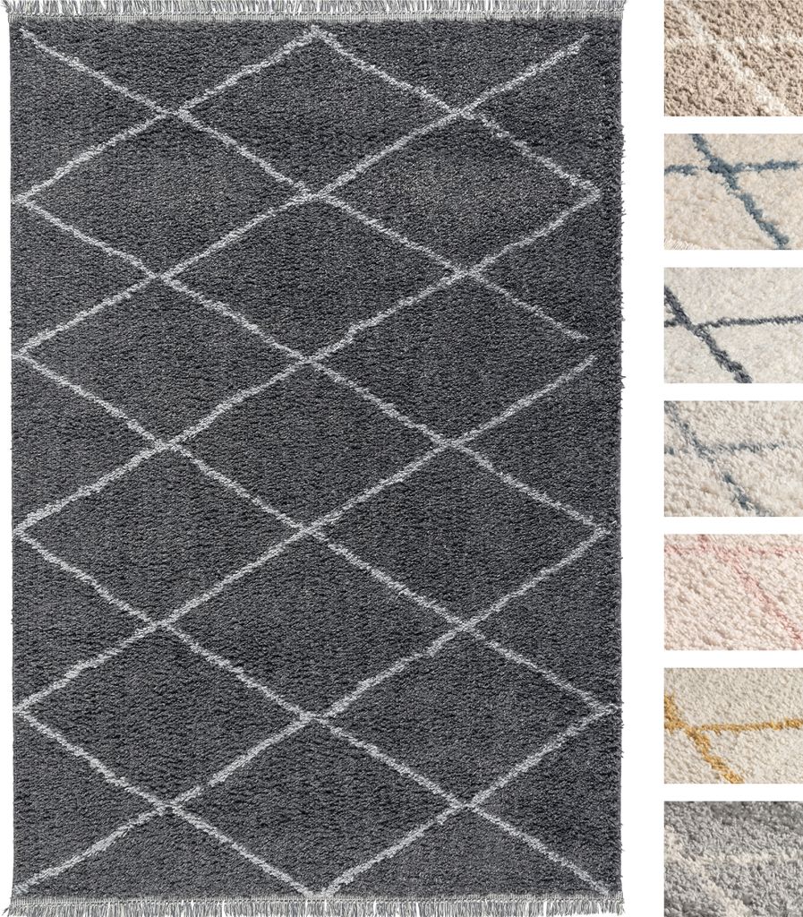 Wohnzimmer Hochflor Teppich 155 x 230 Grau Diamantmuster , Super Soft Moderner Shaggy Teppich