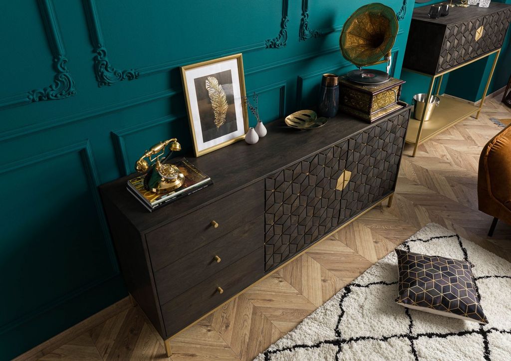 MASSIVMOEBEL24 Sideboard Mango 180x40x77 grau geölt DIAMOND #110