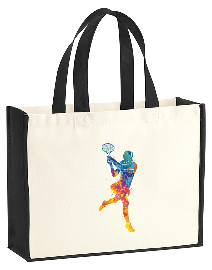 Huuraa Jutetasche Tennis Spielerin bunte Silhouette 21 Liter Black Jute und Baumwolle Einkaufstasche Geschenkidee