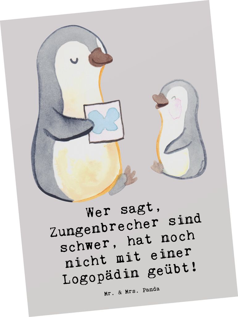 Mr. & Mrs. Panda Ansichtskarte Training mit Logopädin - Grau Pastell - Geschenk, Patienten, Sprachliebhaber, charmante Aussage, Gesundheit, Fotoka...