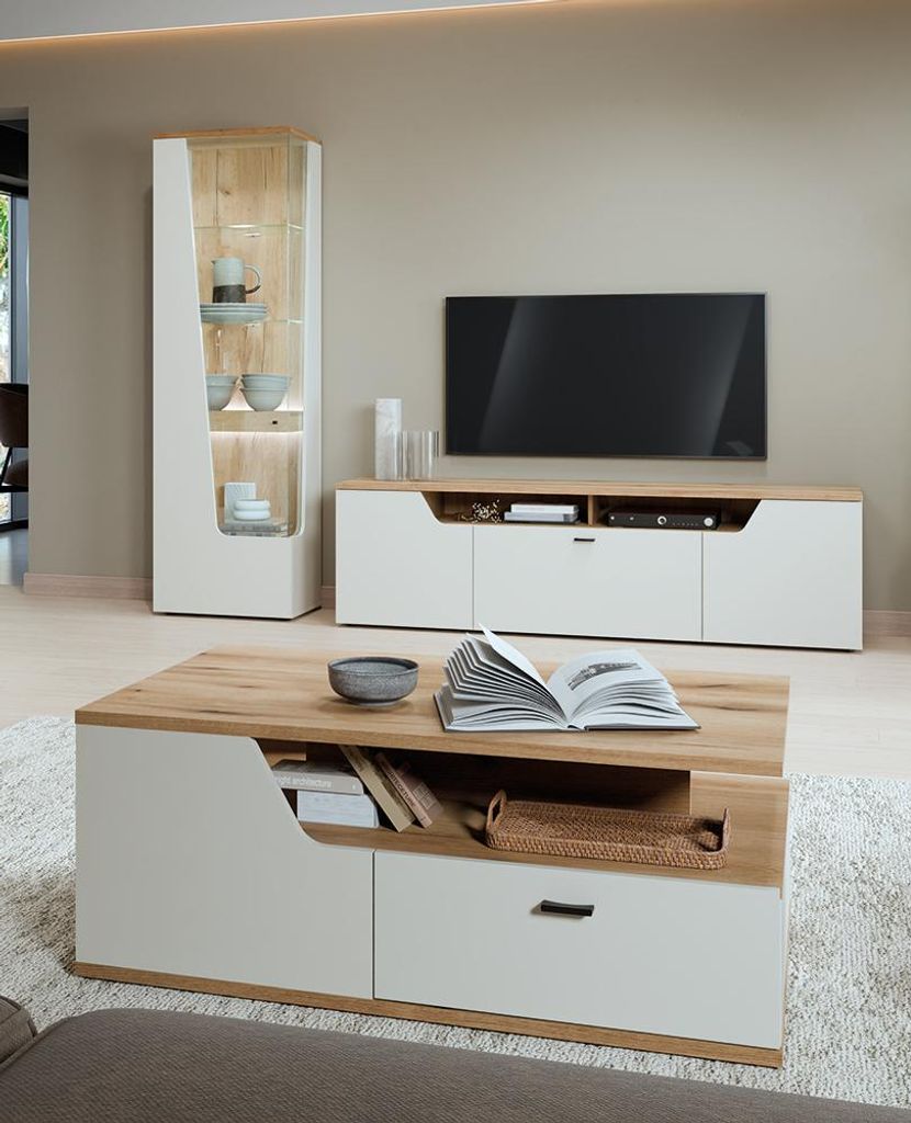 Wohnzimmer-Set in Kaschmir & Eiche mit Couchtisch, Vitrine & Lowboard, 3-teilig - CARMONA-129