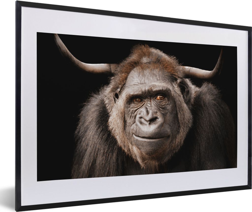 MuchoWow Gerahmtes Poster Affe - Horn - Schwarz 60x40 cm - Poster mit Schwarzem Bilderrahmen Wandposter Rahmen Foto Bilder - Schlafzimmer - Plaka...