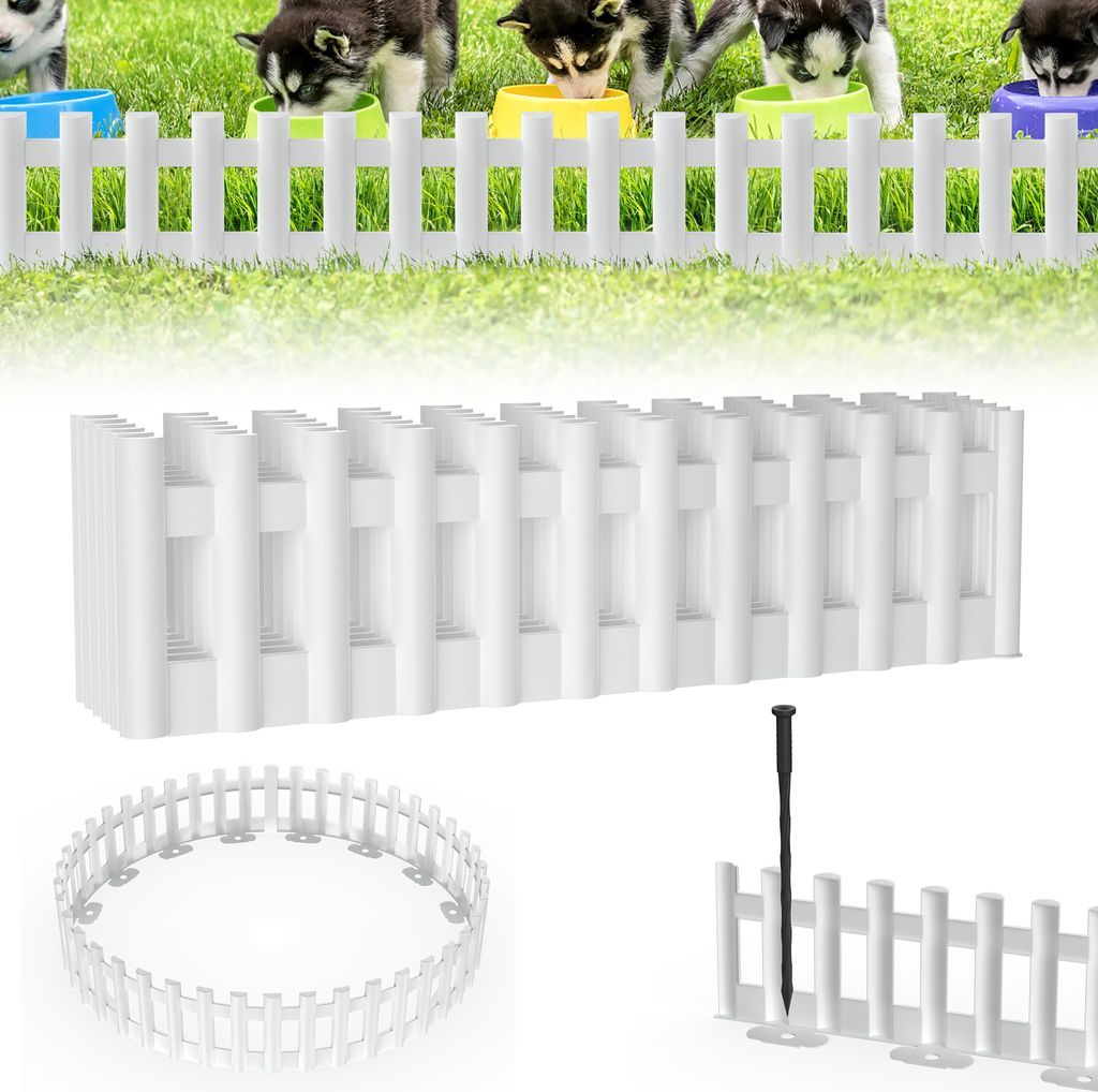 XMTECH 2,58m(6 pcs) Kunststoff Rasenkante Weiß Beeteinfassung Holzoptik Beetumrandung Gartenpalisade Beetzaun, 1 Element BxH: 43x12cm