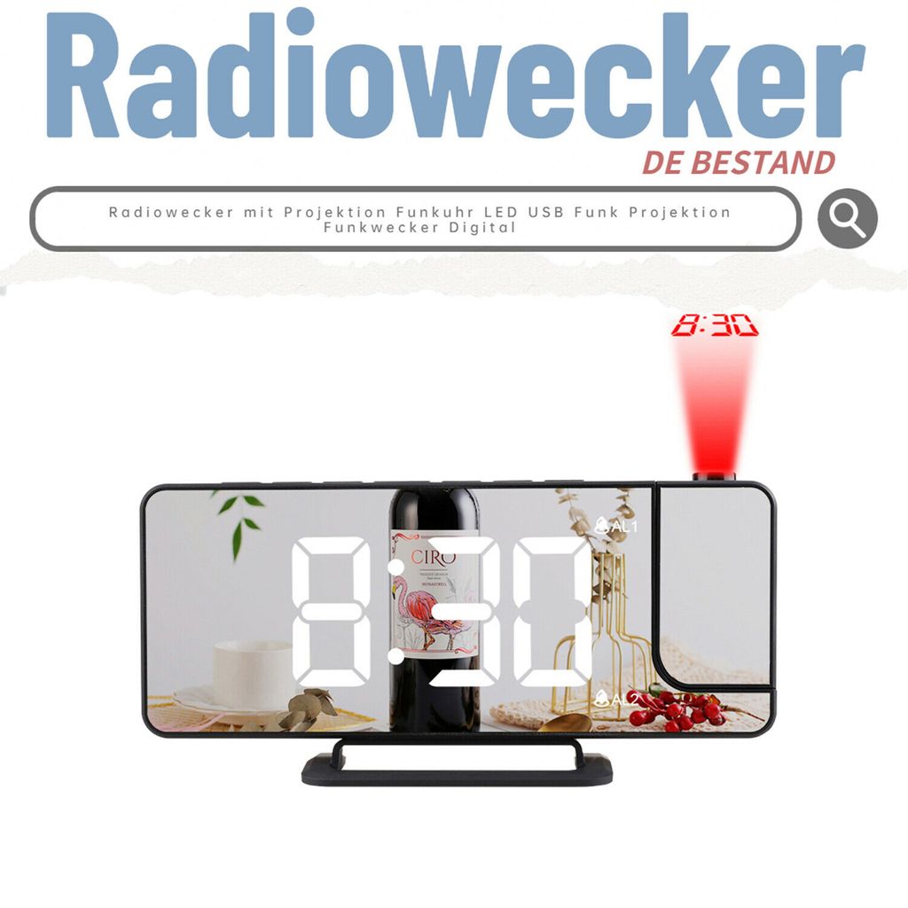 Radiowecker mit Projektion Funkuhr LED USB Funk Projektion Alarm Funkwecker 