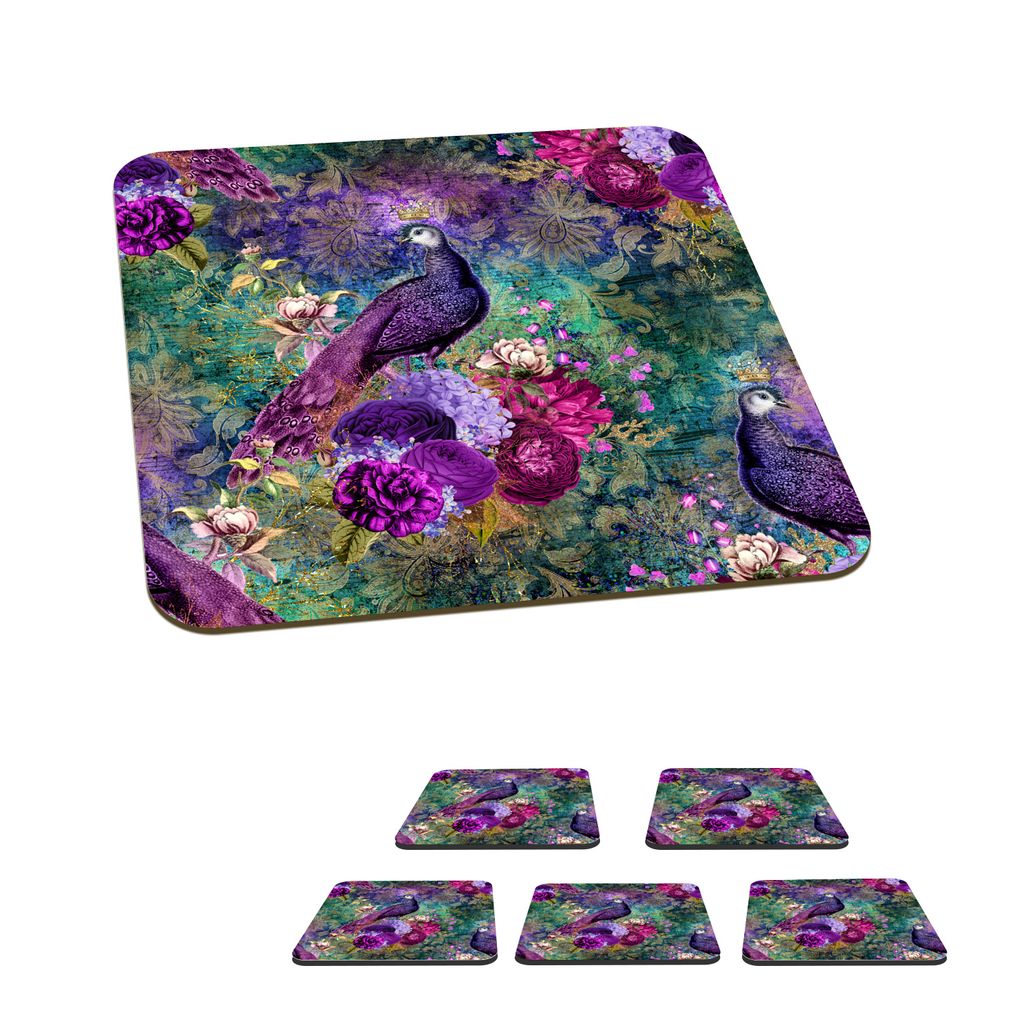 KitchenYeah Glasuntersetzer Quadratisch 6er Set Muster - Pfau - Violett 10x10 cm Untersetzer für Gläser - Getränkeuntersetzer - Tischplattensc...