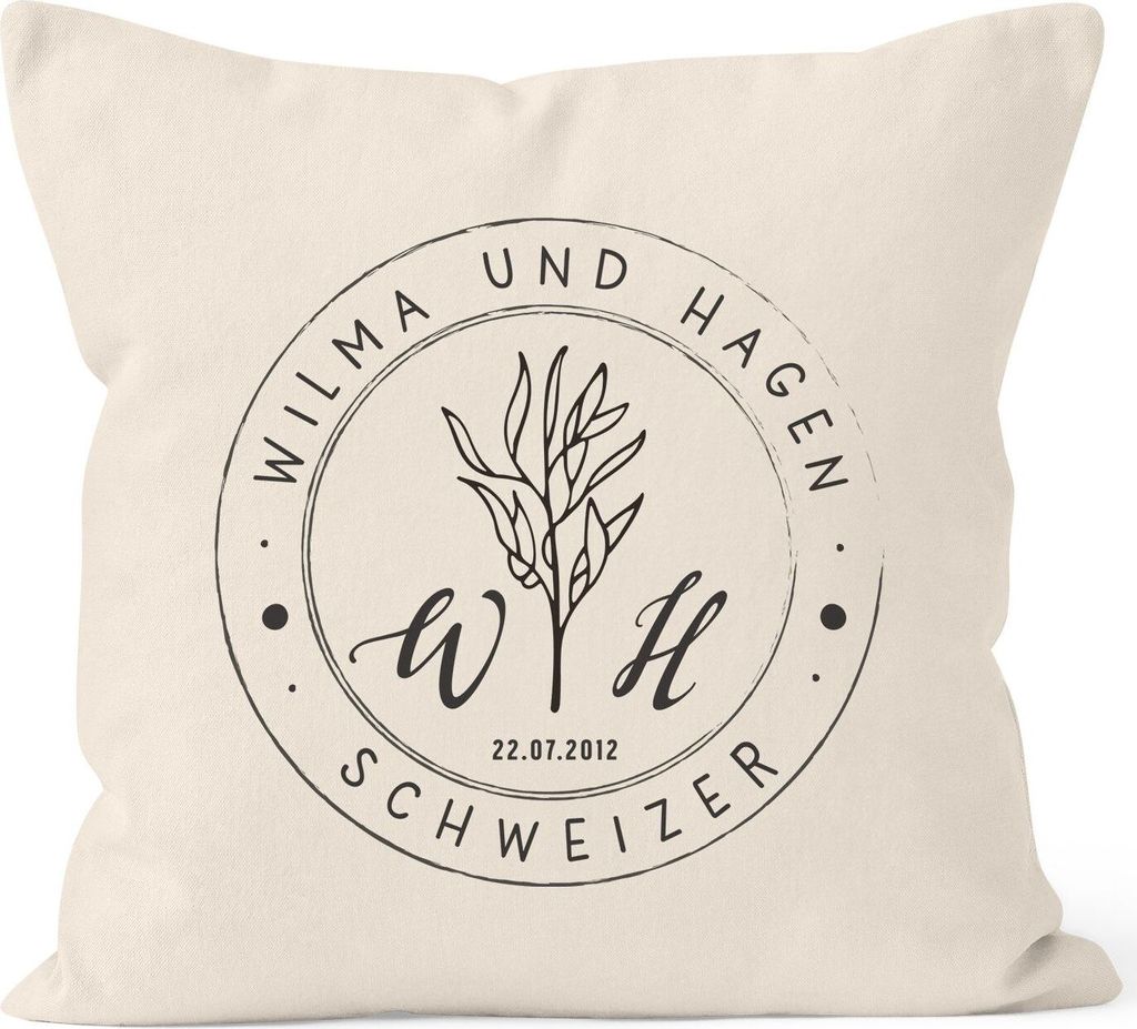 personalisierbare Kissen-Hülle zur Hochzeit mit Namen und Datum Stempel-Design Initialen Hochzeitsgeschenk SpecialMe natur unisize