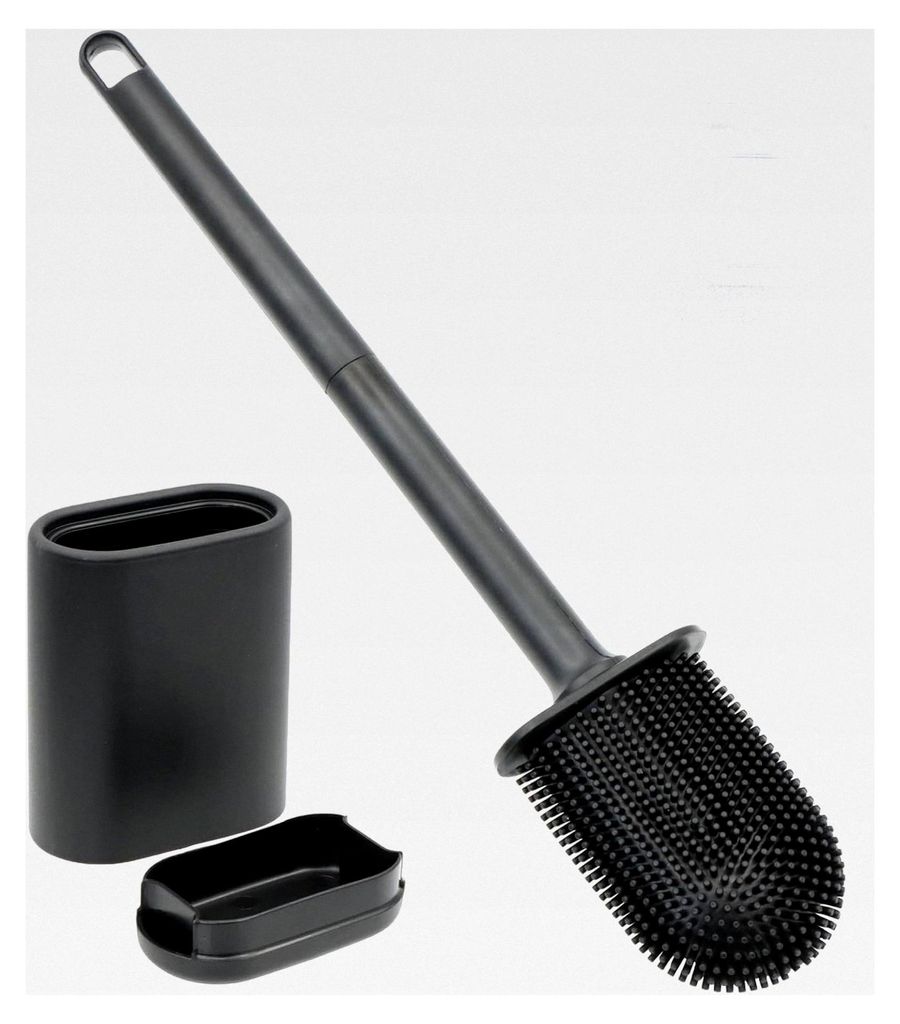 Toilettenbürste aus Silikon Schwarz, Wandmontage ohne Bohren, WC Bürste mit flachem flexiblem Bürstenkopf, Klobürste mit Halter und rutschfeste...