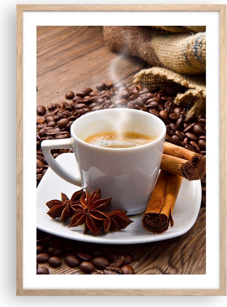 Gerahmtes Poster - Rahmen in heller Eiche - Kaffee schwarz Frühstück Schokolade - 50x70 cm - Wand Bild - Wanddeko - Wandbilder - Wandposter - Bil...