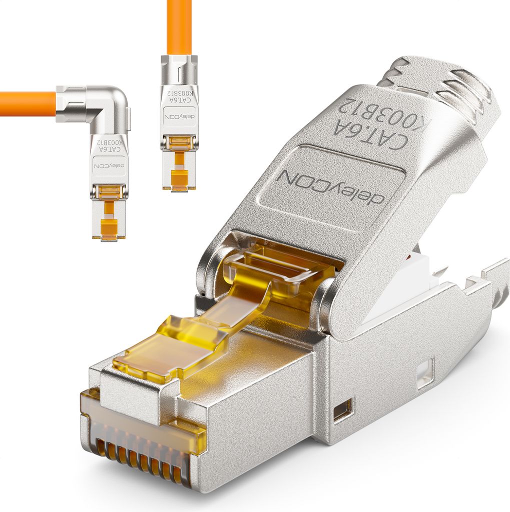 deleyCON 1x CAT 6a Netzwerkstecker 90° Winkel Stecker RJ45 Werkzeuglos Geschirmt 10Gbit/s Netzwerk Stecker für Rohkabel Verlegekabel Steckverbind...