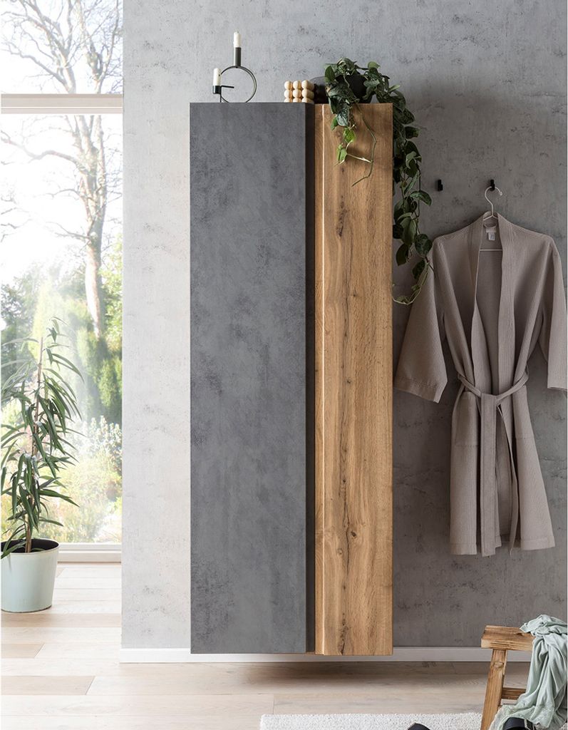 Badezimmer Hochschrank 65cm VASTO-03-CONCRETE in Wotan Eiche Nb. mit Beton Optik, B/H/T ca. 65/180/35 cm