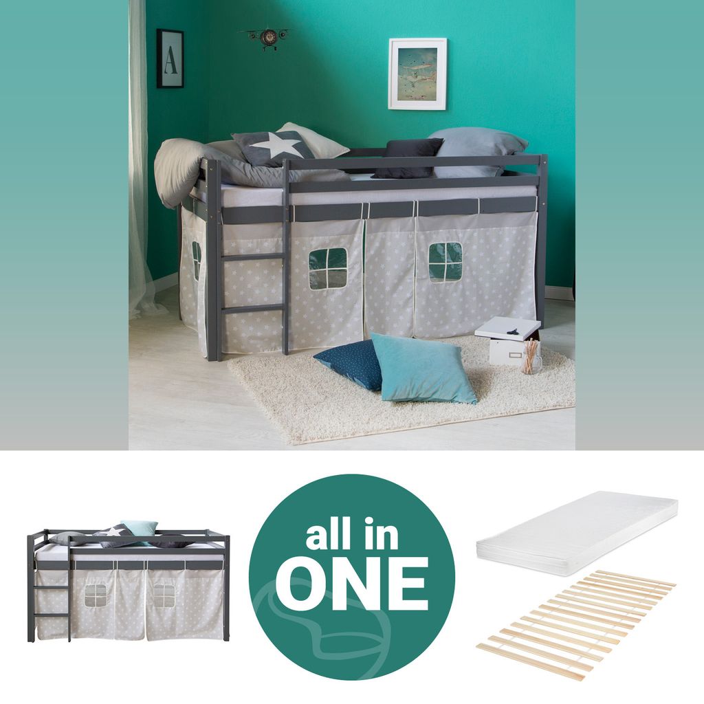Homestyle4u Kinder Hochbett 90x200 grau mit Matratze Lattenrost Vorhang